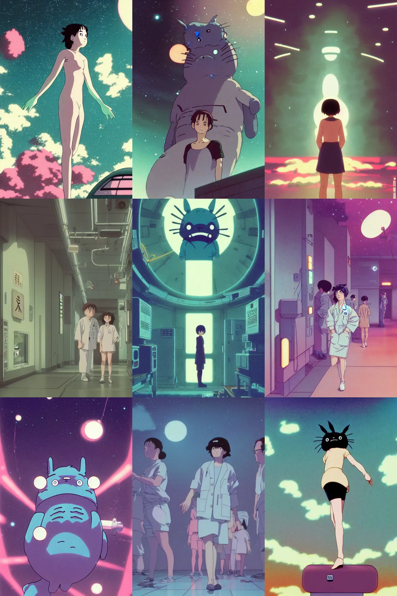 Prompt: Cinestill 50d, 8K, 35mm,J.J Abrams flare; beautiful ultra realistic vaporwave minimalistic pointé posed seinen manga Studio Ghibli Totoro in space(1950) film still medical lab dance scene, 2000s frontiers in blade runner retrofuturism fashion magazine September hyperrealism holly herndon edition, highly detailed, extreme closeup three-quarter pointé posed model portrait, tilt shift zaha hadid background, three point perspective: focus on anti-g flight suit;pointé pose;open mouth,terrified, eye contact, soft lighting