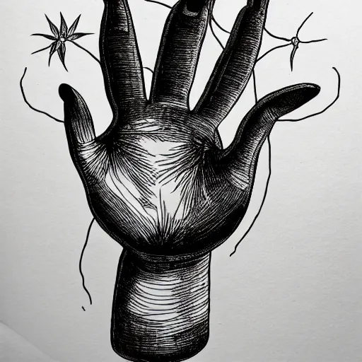 Image similar to palm of a hand with various plants growing out of it, pen and ink style