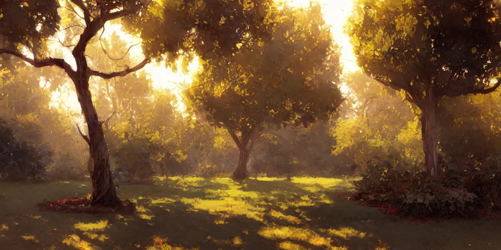 Image similar to digital art painting of a single tree in the middle of a front yard painted by craig mullins and gaston bussiere and greg rutkowski