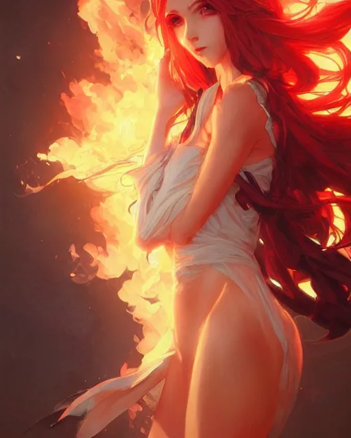 Prompt: red eyed beautiful long haired anime girl, flames everywhere, highly detailed, digital painting, artstation, concept art, smooth, sharp focus, illustration, art by artgerm and greg rutkowski and alphonse mucha