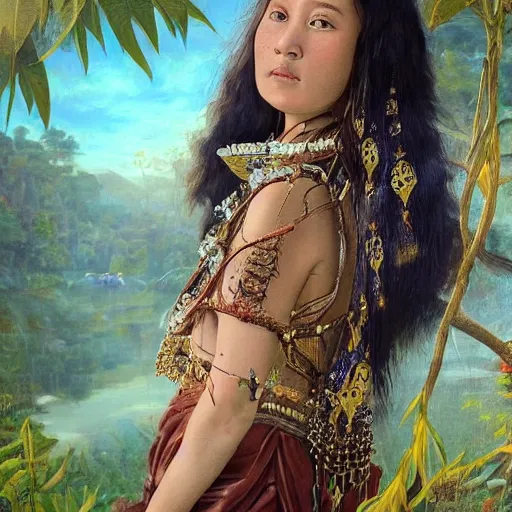 Image similar to An extremely beautiful pre-raphaelite ornate portrait of a very beautiful Dayak native, ultradetailed, intricate, elegant, digital art painting, smooth, sharp focus, magazine art cover illustration, regal, award winning picture, extremely detailed masterpiece, sense of awe, featured on Artstation, Artgerm, ethereal bubbles, Aetherpunk, atmospheric lightning, Exquisite floral details, 8K detail post-processing