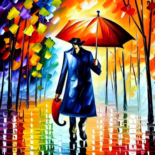 Image similar to wolf with hat and umbrella in the rain, by leonid afremov