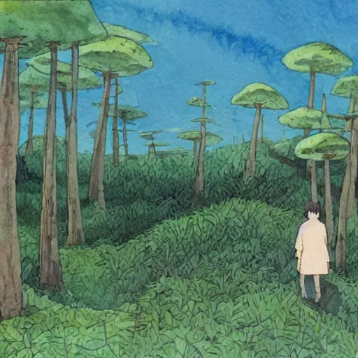 Prompt: laputa castle in the sky robot hayao miyazaki walks in a small clearing among trees, watercolor illustration for a book