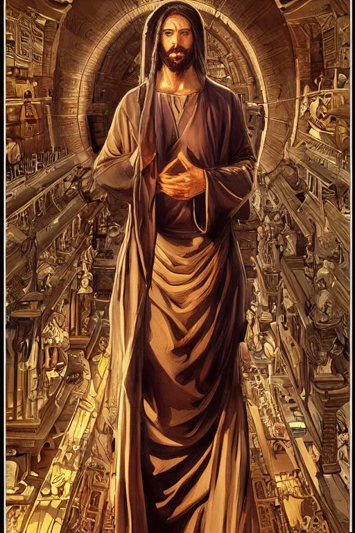 Image similar to jesus of nazareth, symmetrical, religious art, artgerm! and moebius and jodorowsky, trending on artstation,