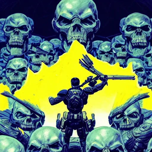 Image similar to a full body shot from distance from behind of a super soldier with a yellow and blue flag standing on a huge pile of skulls in triumph after battle, western, D&D, fantasy, intricate, elegant, highly detailed, digital painting, artstation, concept art, matte, sharp focus, symmetrical, illustration, art by Artgerm and Greg Rutkowski and Alphonse Mucha