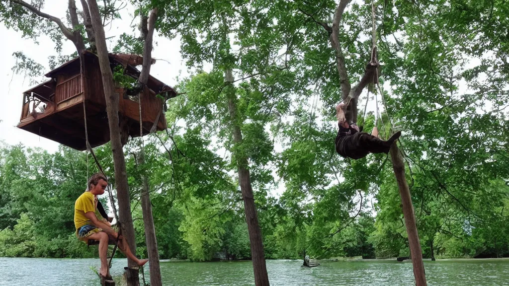 Image similar to a nice rope swing out of a tree house into the lake, and my dog did it better than all of us