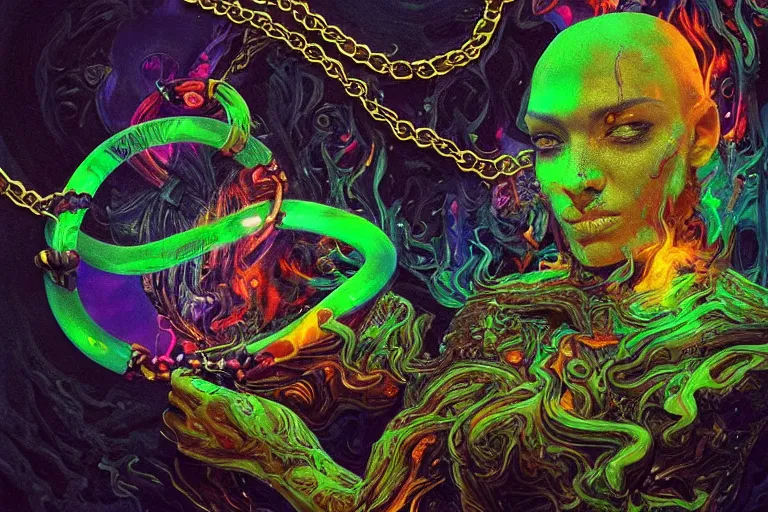 Prompt: psychedelic pepe with trinket necklace, epic angle and pose, reflective pool, symmetrical artwork, ayahuasca, translucent, fungus, energy flows of water and fire, highly detailed, epic cinematic concept art, excellent composition, dystopian brutalist atmosphere, dynamic dramatic lighting, aesthetic, very inspirational, arthouse, Greg Rutkowski, Artgerm