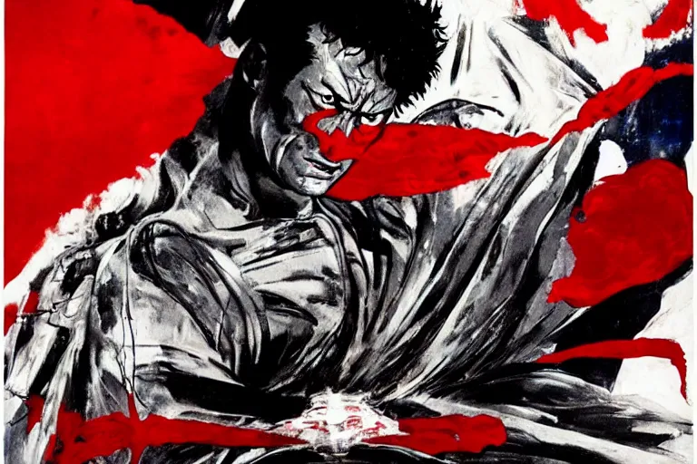 Prompt: movie still of akira ( 1 9 8 8 ) tetsuo in a white superhero suit and red cape, by ashley wood, 6 0's french movie poster, french impressionism, palette knife and wide brush strokes, black and white only