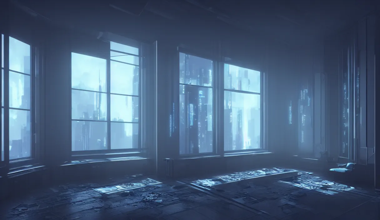 Image similar to a cyberpunk minimalistic room with small windows, dramatic lighting, hyper realistic, photography, 3 5 mm, kodak film, 8 k, octane render, unreal engine render, concept art, volumetric lighting, foggy