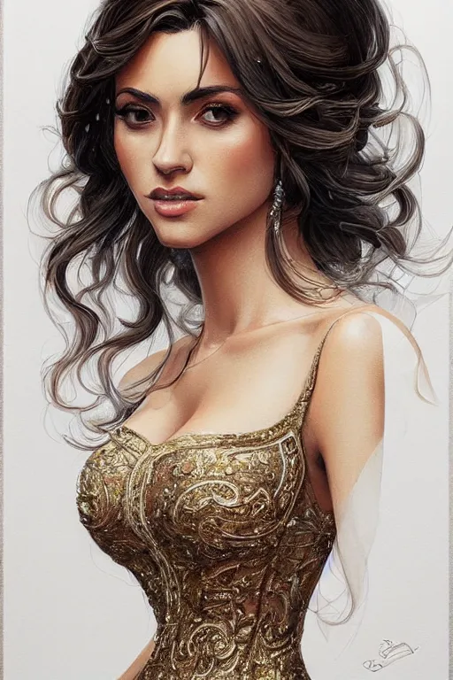 Prompt: full body photo of a gorgeous young spanish woman wearing a formal dress in the style of stefan kostic, realistic, sharp focus, 8k high definition, insanely detailed, intricate, elegant, art by stanley lau and artgerm