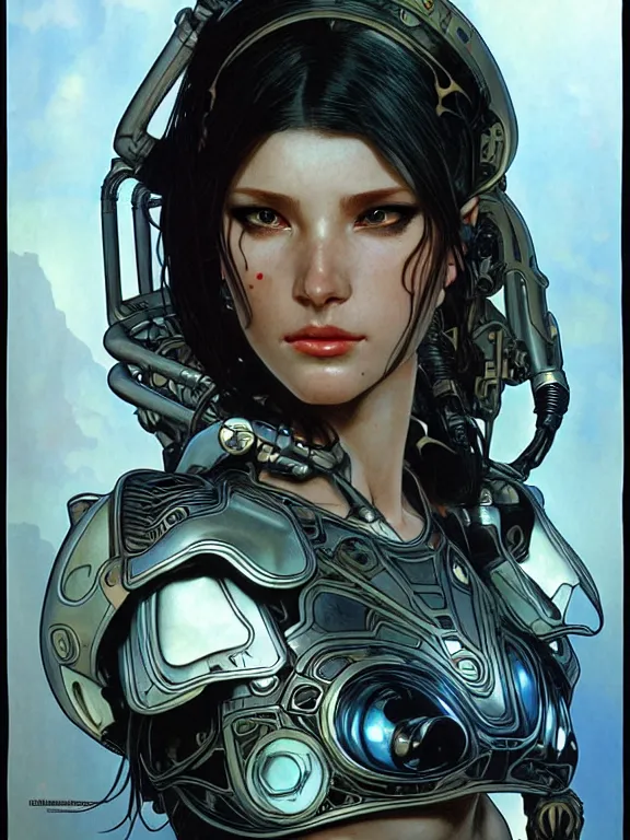 Prompt: realistic detailed face portrait of one handsome futuristic female heroine amazon with few parts of alien cyberpunk armor, minimal sleak design armor style, by moebius, alphonse mucha, ayami kojima, amano, greg hildebrandt, and mark brooks, feminine, sexy, female, seductive, art nouveau, cyberpunk, neo - gothic, gothic, character concept design,