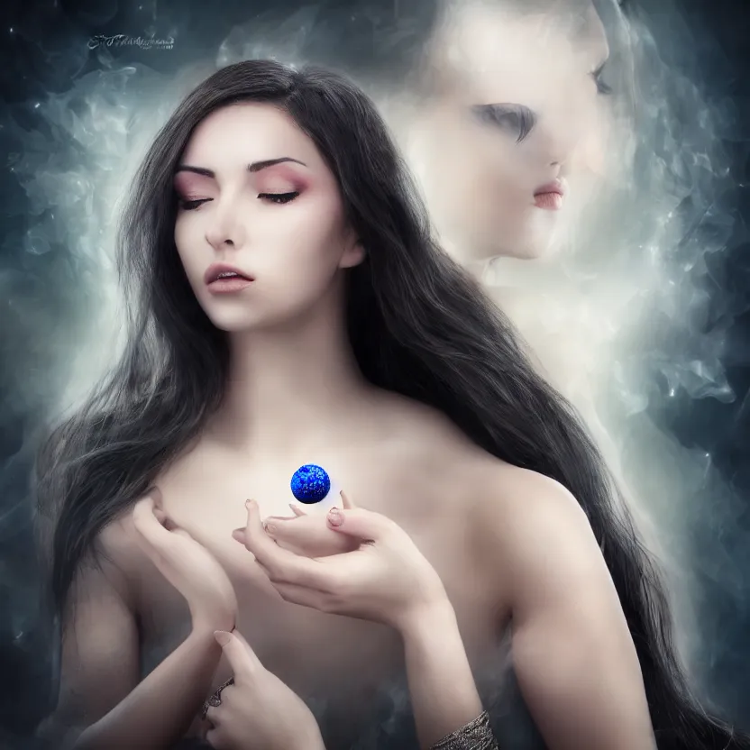 Prompt: most beautiful woman gazing into a crystyal ball she is holding, hyper attractive, seductive, very complex, hyper - maximalist, overdetailed, legendary cinematic, archetype with timeless beauty breathtaking eyes, highly intricate, realism, perspicious detail, photorealistic, lifelike, dslr 8 k, unbeatable coherency, sakimichan, deviantart
