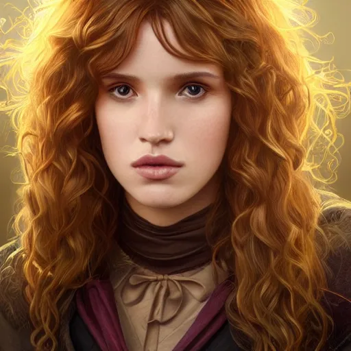 Image similar to ultra realistic illustration, bella thorne as hermione granger in harry potter, intricate, elegant, highly detailed, digital painting, artstation, concept art, smooth, sharp focus, illustration, art by artgerm and greg rutkowski and alphonse mucha