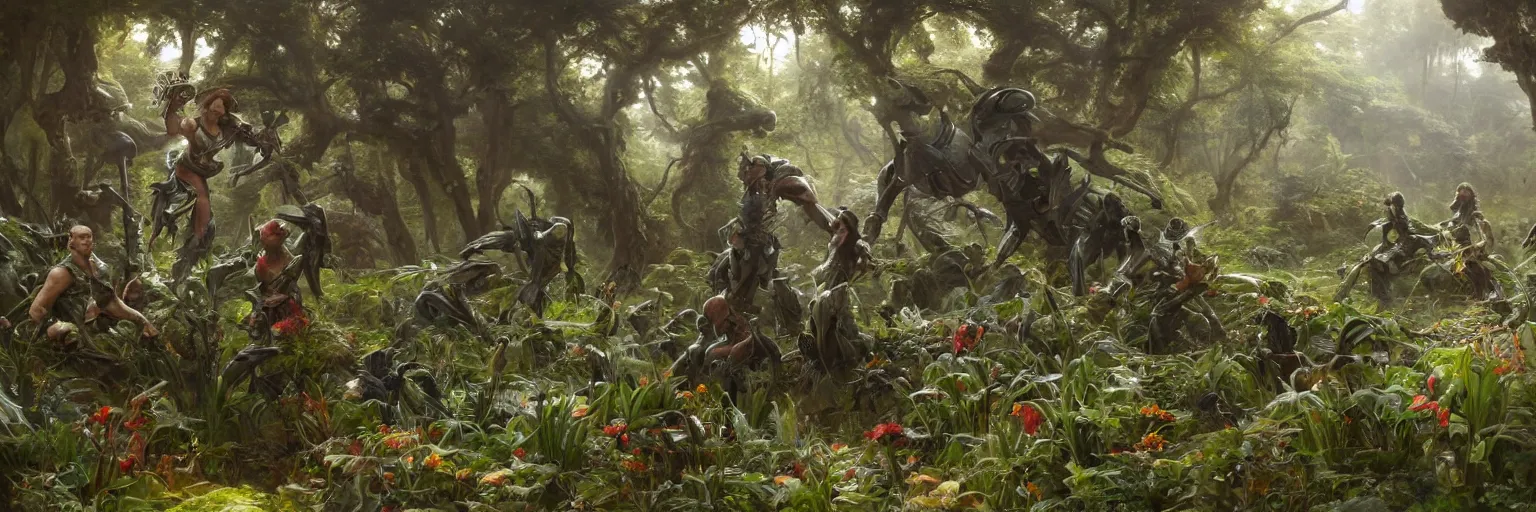 Prompt: an extremely detailed cinematic movie shot of a lush overgrown organic garden with an ornate futuristic suit of armor in the center, mossy ground, golden glow, masterpiece 4k digital illustration by Ruan Jia and Mandy Jurgens and Artgerm and william-adolphe bouguereau, highly detailed, trending on artstation, award winning