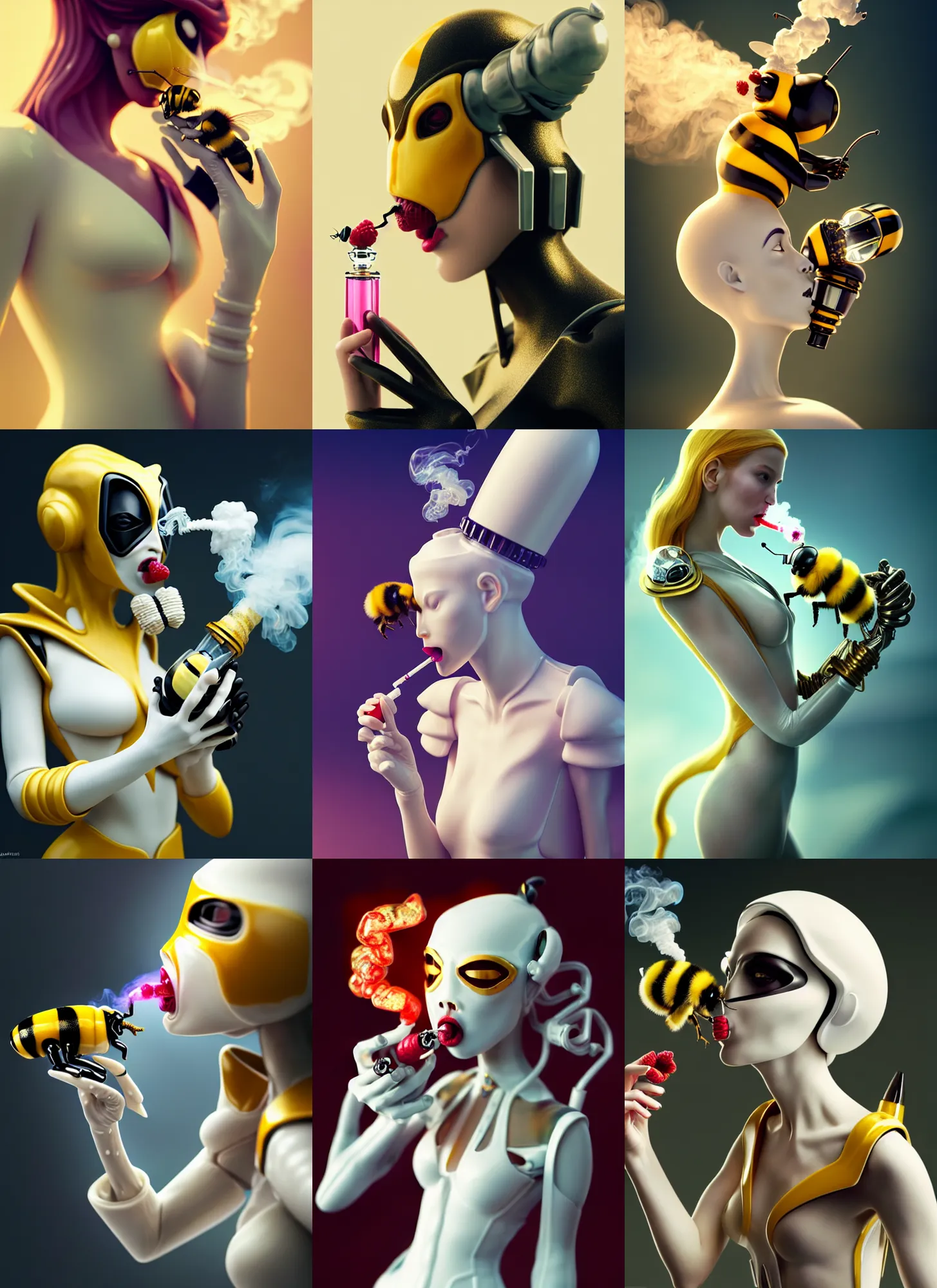 Prompt: white porcelain bumblebee cyborg smoking a raspberry bong | exoric jewelry | glamorous oily soft polished rich alluring ornate modern | weta disney movie still photo | hi - fructose, sci fi fantasy, golden ratio, smooth, octane render, sharp focus, artstation, concept art | beeple, rhads, rutkowski, artgerm, mucha |