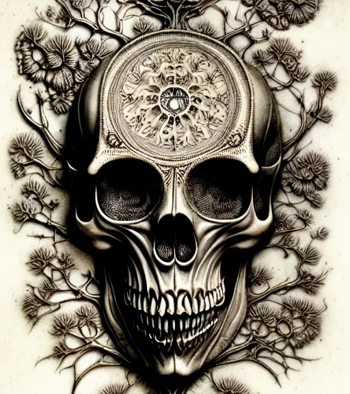 Image similar to art forms of nature by ernst haeckel, memento mori by arthur rackham, ornate antique porcelain beautiful skull mask, ultrasharp, photorealistic, hyperdetailed, octane render, polished, art nouveau, neo - gothic, gothic, intricate ornamental organic filigree, art nouveau botanicals, art forms of nature by ernst haeckel, horizontal symmetry, symbolist, visionary