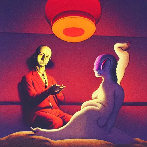 Image similar to close up portrait of a man and woman having fun with lsd and magic mushrooms by kawase hasui, moebius, Edward Hopper and James Gilleard, Zdzislaw Beksinski, Steven Outram, 8k, volumetric lighting, artstation