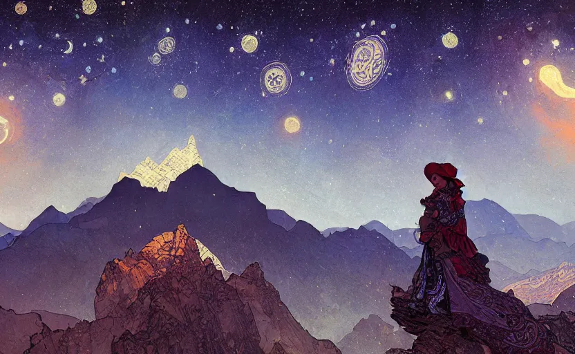 Image similar to mountains, stars and paisley filled sky, artstation, intricate, highly detailed, digital painting, concept art, sharp focus, illustration by Enki Bilal and Alphonse Mucha