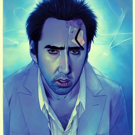 Image similar to prompt : blue nicolas cage illustration portrait soft light painted by james jean and katsuhiro otomo and erik jones, inspired by evangeleon anime, smooth face feature, intricate oil painting, high detail illustration, sharp high detail, manga and anime 1 9 9 9