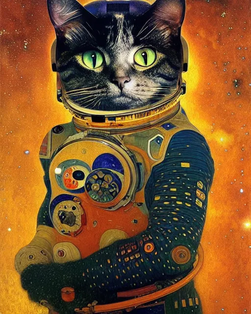 Image similar to space cosmonaut cat portrait an oil painting splashes with many colors and shapes by gustav klimt greg rutkowski and alphonse mucha, polycount, generative art, psychedelic, fractalism, glitch art