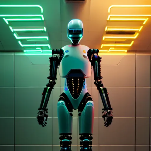 Prompt: highly detailed surreal neon robot android in the data center. robocop, scream, stephen bliss, unreal engine, greg rutkowski, loish, rhads, beeple, makoto shinkai and lois van baarle, ilya kuvshinov, rossdraws, tom bagshaw, global illumination, detailed and intricate environment