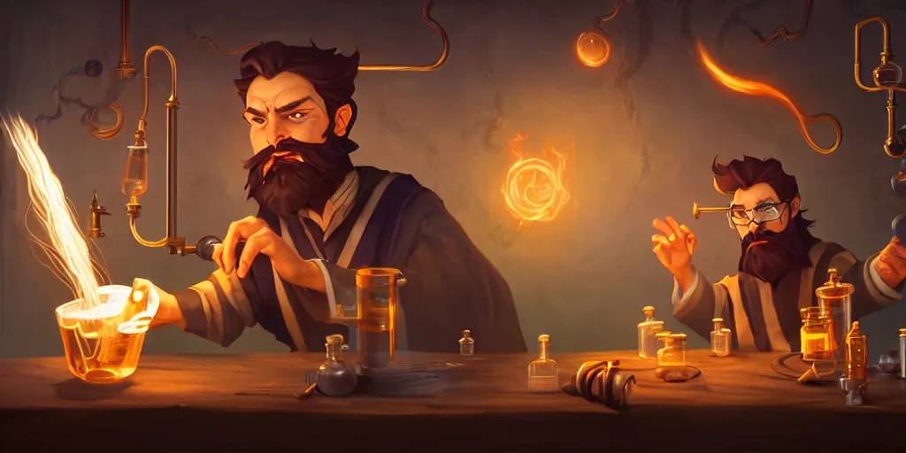 Prompt: a handsome bearded caucasian male sorcerer with brown hair he is casting a spell with flowing energy, he is in a alchemist lab filled with beakers and equipment, neutral pose, sharp focus, waist up, epic composition, 4 k, by rudy siswanto and anna podedworna