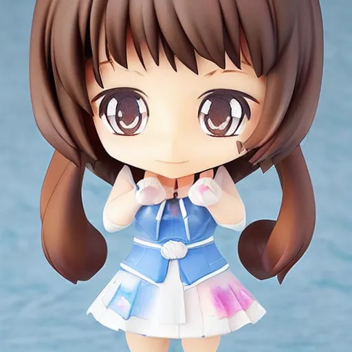 Image similar to beautiful water color concept art of face detailing cute nendoroid girl in the style of idol master, toon rendering, close-up, flat, lacking in three-dimensionality, flat tone