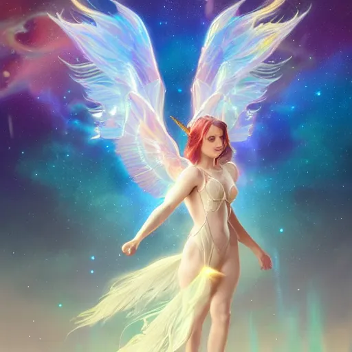 Image similar to an iridescent unicorn with translucent wings frolicking in a field of marijuana, a nebula is in the sky, art by artgerm and greg rutkowski and alphonse mucha, concept art, octane render, unreal engine 5, highly detailed, high quality, 8 k, soft lighting, path traced