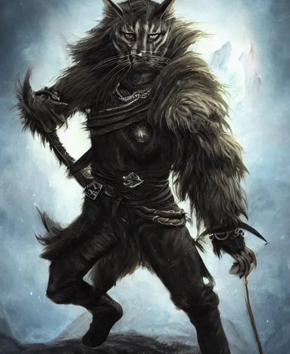 Image similar to humanoid male khajiit rogue with a scar on left eye, wearing leather armor with a hood, mainecoon cat features with jet black fur, far - mid shot, magic the gathering, fantasy