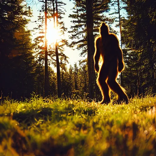 Image similar to photo of a Bigfoot in the forest, 50mm, golden hour, beautiful photo