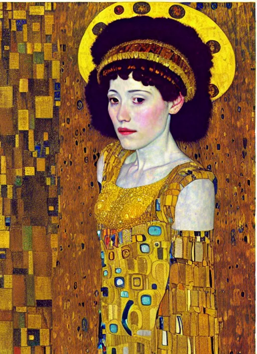 Image similar to portrait of young woman in renaissance dress and renaissance headdress, art by gustav klimt