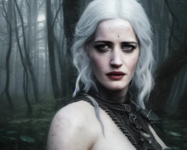 Image similar to 5 5 mm portrait photo of a real life tough looking eva green as ciri in leather armor with silver hair and a large scar along her left cheek, in a magical forest. dark atmosphere. art by greg rutkowski. highly detailed 8 k. intricate. lifelike. soft light. nikon d 8 5 0.