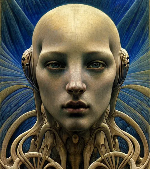 Image similar to detailed realistic beautiful young medieval alien robot grimez face portrait by jean delville, gustave dore and marco mazzoni, art nouveau, symbolist, visionary, gothic, pre - raphaelite. horizontal symmetry by zdzisław beksinski, iris van herpen, raymond swanland and alphonse mucha. highly detailed, hyper - real, beautiful