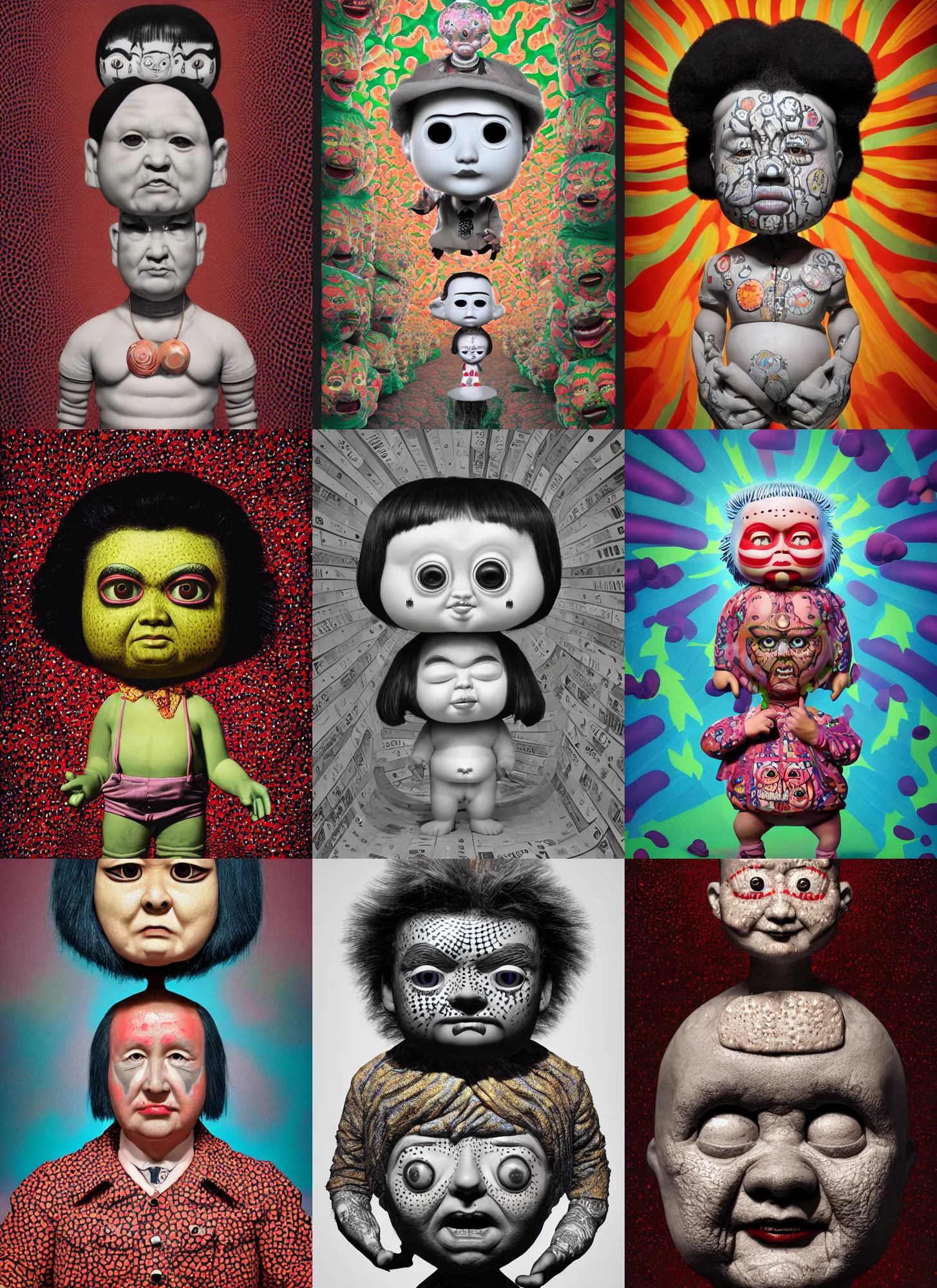 Prompt: a portrait by mark ryden, yayoi kusama, garbage pail kids, funko pop of the selk'nam, god of the sun, clean, houdini algorithmic generative render, sharp focus, cinematic lighting, octane render 8 k