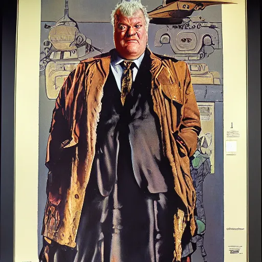 Image similar to full body portrait of actor Kenneth McMillan as baron harkonnen levitating high in the air in dystopian scifi palace, painted by norman rockwell and tom lovell and frank schoonover, dune 1982 movie