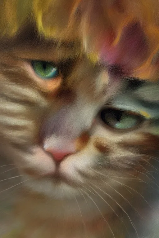 Image similar to Recursive image with a well rounded Calico feline, large eyes, shiny soft fur, anatomically correct, surrounded by matte mirroring swirling wisps of jelly blobs, oil pastels and gold, in the style of albert lynch, modeled in Poser, Redshift render, UHD