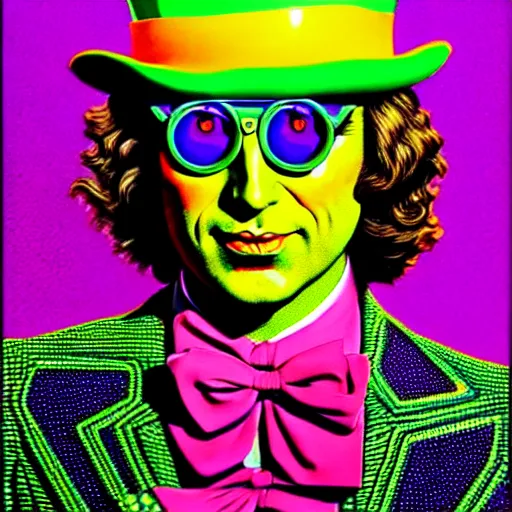 Prompt: An extremely psychedelic illustration of willy wonka in neon psychedelic tuxedo, surreal, LSD, face, detailed, intricate, elegant, lithe, highly detailed, digital painting, artstation, concept art, smooth, sharp focus, illustration, art by Jason Edmiston