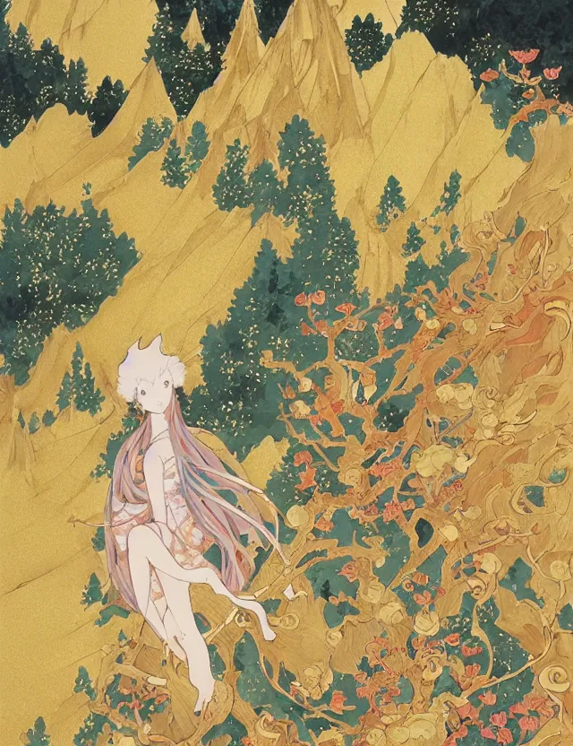 Image similar to spirit of cupcakes lost in the mountains. this gouache and gold leaf work by the award - winning mangaka has a beautiful composition and intricate details.