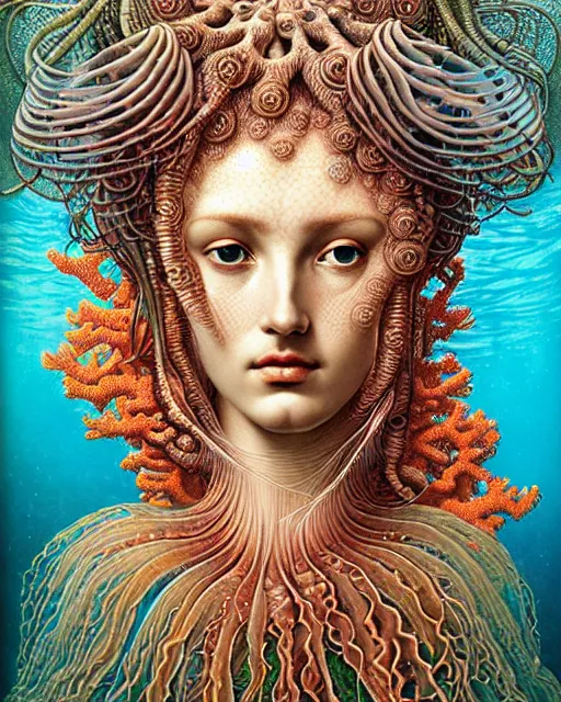 Image similar to hyperrealistic detailed underwater face portrait of the beautiful goddess of the jellyfish with an intricate headgear of corals, sea kelp, sea plants, fish, starfish, jellyfish, art by ernst haeckel, john william godward, android jones, alphonso mocha, gothic - cyberpunk, ornamental, beautiful deep colours,