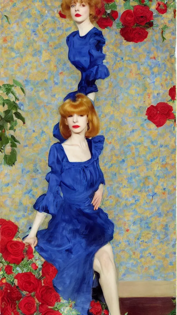 Image similar to portrait of young julee cruise in detailed golden sleeve balloon dress beside a pot of red roses, a persian blue detailed curtain in back painted by john singer sargent