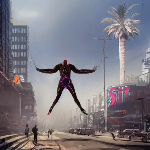 Image similar to gigantic building hovering above a city, long thick cables and trash hanging from underneath, smoke and thick dust in the air, rays of light, neon billboards and dried palmtrees in the streets, a mutant wrestler in fighter pose levitates in the center of the epic scene, scifi, illustration