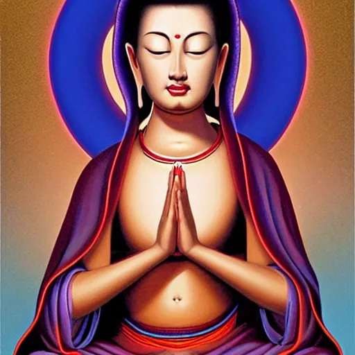 Prompt: contented female bodhisattva, praying meditating, portrait illustration by Jason Edmiston