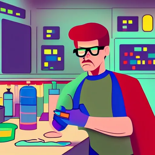 Image similar to character concept of a color scientist superhero mixing colors in his lab, detailed cinematic illustration digital art