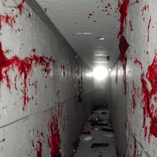 Image similar to pov of a person stuck in the backrooms, with dim lights, a trail of blood, and a corpse.