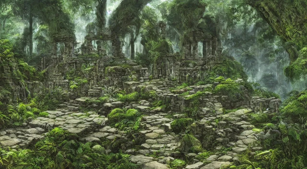 Prompt: ancient stone temple ruins at the end of a pathway next to a river in an overgrown rainforest, by roger dean, by syd mead, robert hubert, laurie lipton, detailed, realistic shadows, rendered in lumion, matte painting