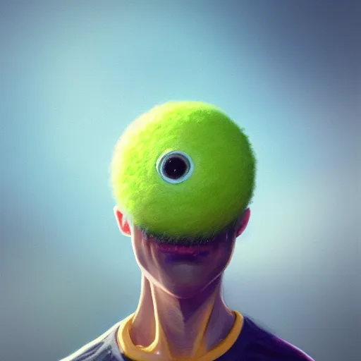 Image similar to highly detailed vfx portrait of a character of a tennis ball monster stephen bliss, chalk, unrealengine, greg rutkowski, loish, rhads, beeple, chalk, makoto shinkai and lois van baarle, ilya kuvshinov, rossdraws, tom bagshaw, basil gogos