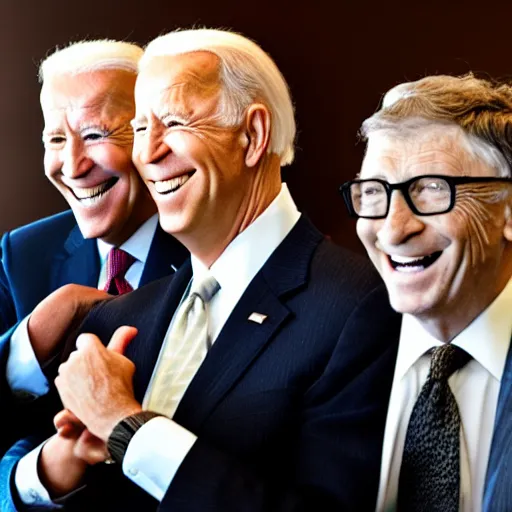 Image similar to stock photo of kim kardashian, joe biden, and bill gates wearing suits and ties laughing in an office building, 8k resolution, full HD, cinematic lighting, award winning, anatomically correct