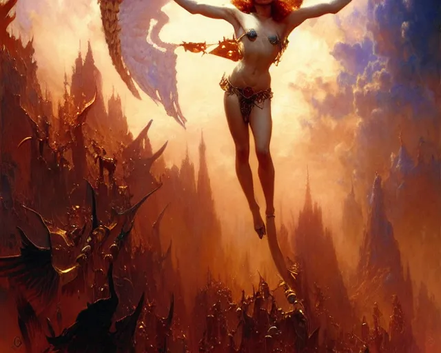 Image similar to attractive lucifer morning star summons death of the endless. highly detailed painting by gaston bussiere, craig mullins, j. c. leyendecker 8 k