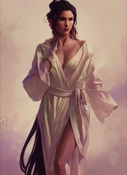 Image similar to michia wearing a silk robe, digital painting, artstation, concept art, sharp focus, illustration, art by artgerm and greg rutkowski and alphonse mucha