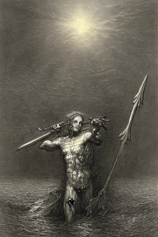 Image similar to painting by gustave dore of a drowned zombie with!! glowing cyan eyes!!, holding a trident, underwater